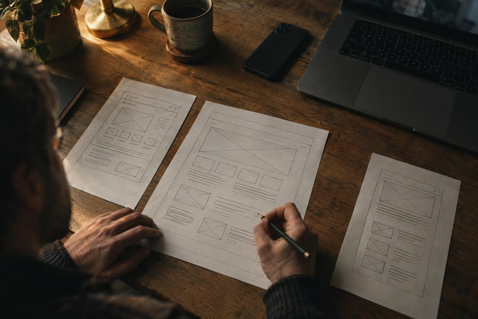 Designer sketching website page layouts on paper at a desk