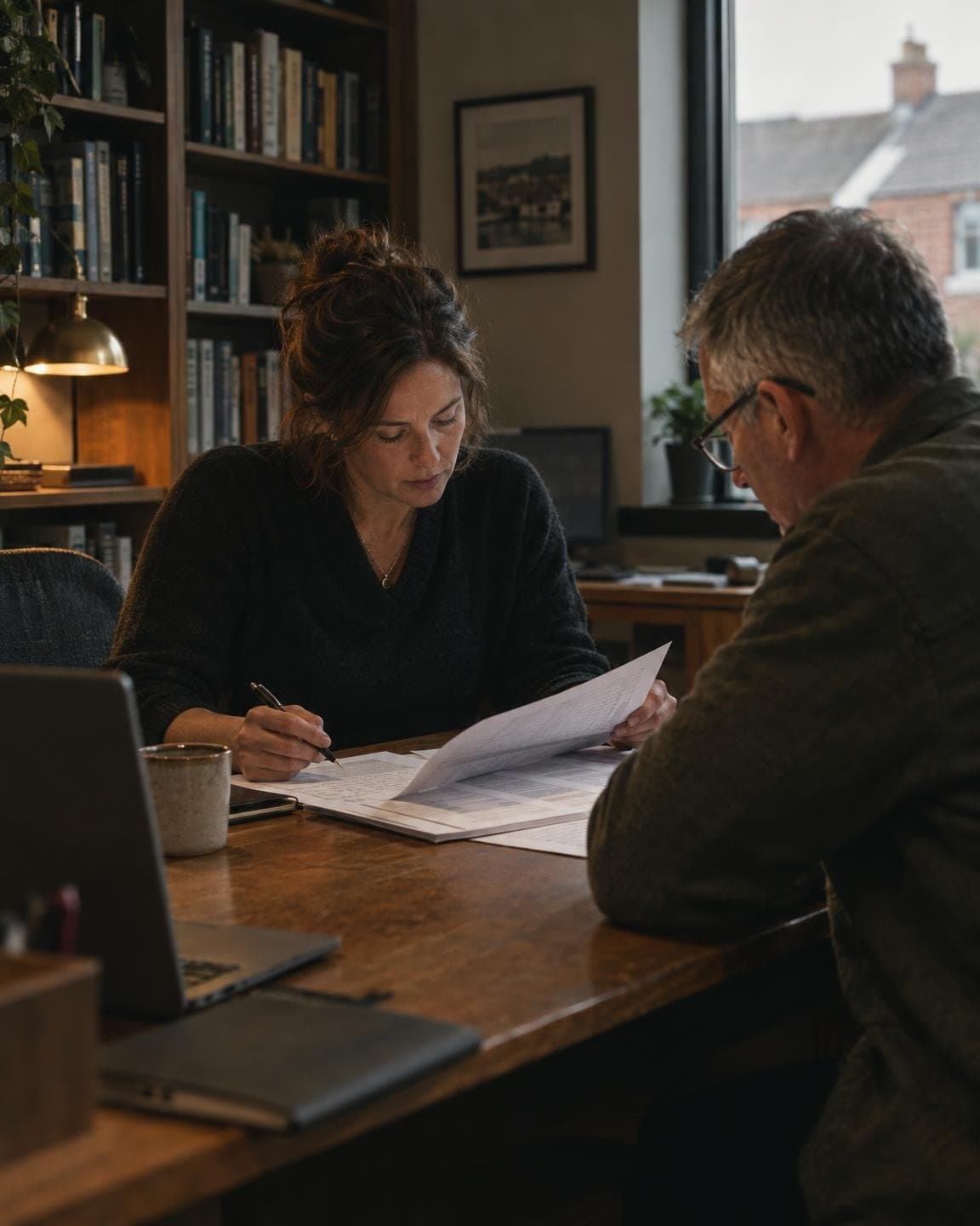 Accountant going through printed documents with a client across a desk