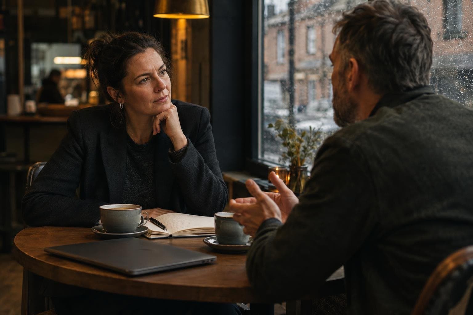 Two business owners talking over coffee by a rainy cafe window
