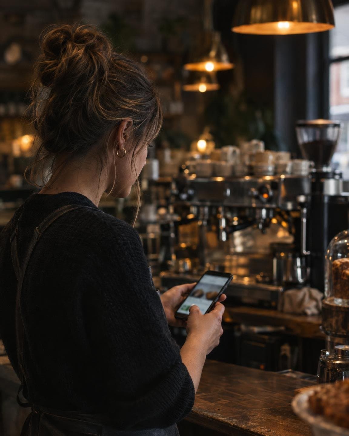 Cafe owner behind her counter looking at a website on her phone