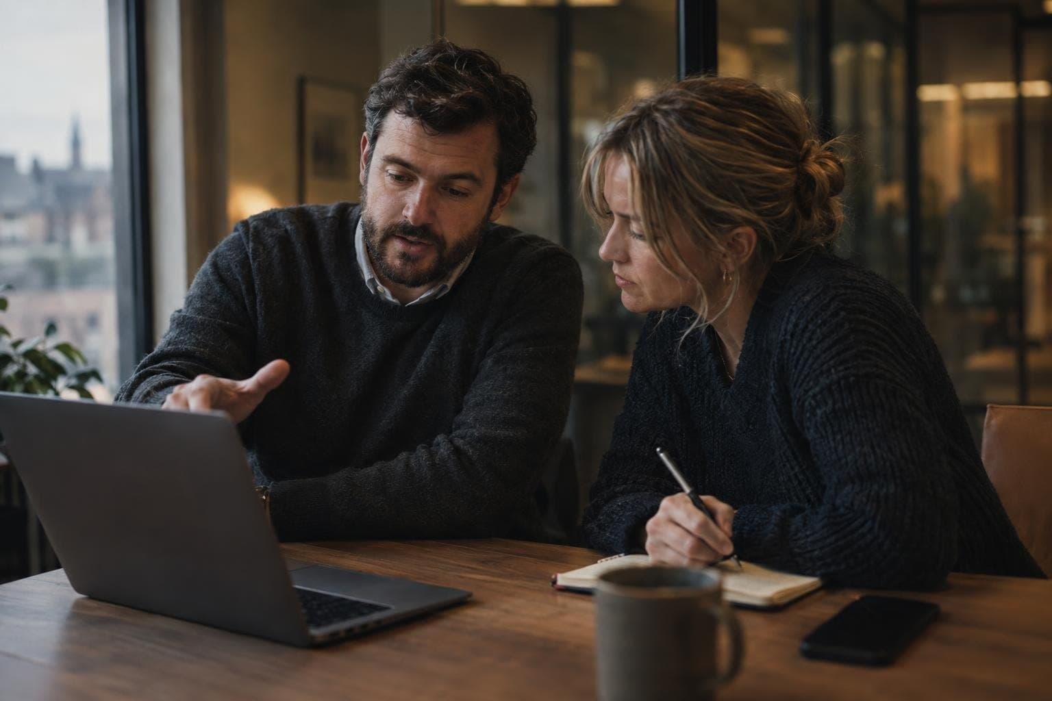 One colleague explaining something on a laptop while another takes notes