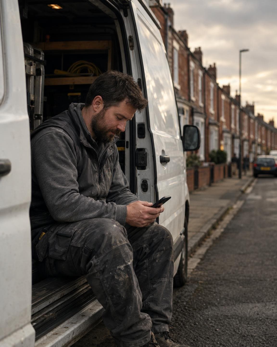 Electrician sitting in the side door of his van checking his phone on a terraced street