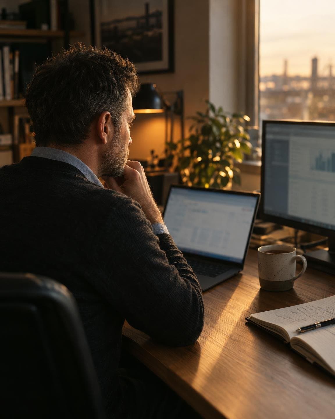 Office manager reviewing his work at a desk with a laptop and second monitor