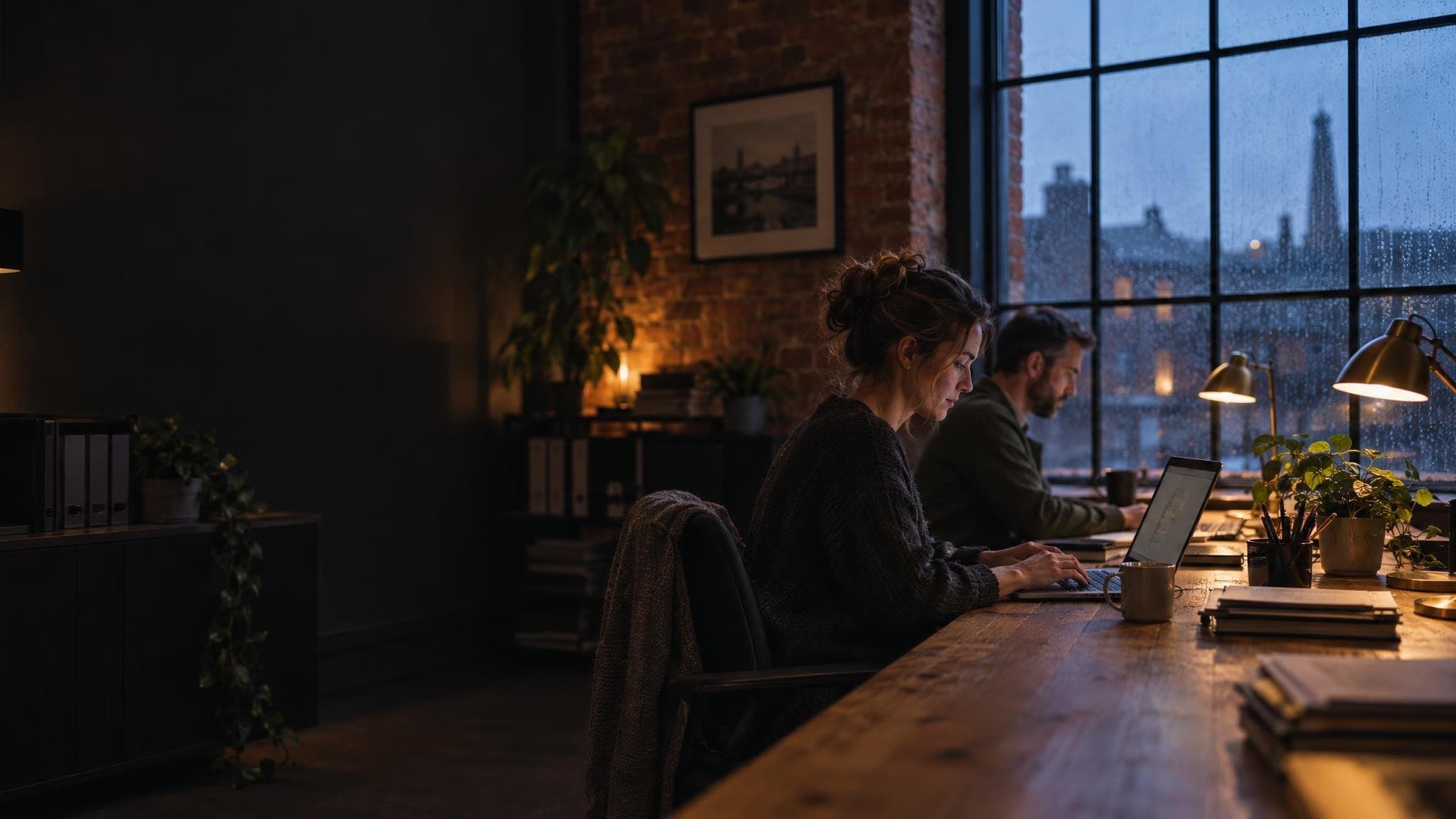 Two people working late at laptops in a brick-walled office as rain falls outside