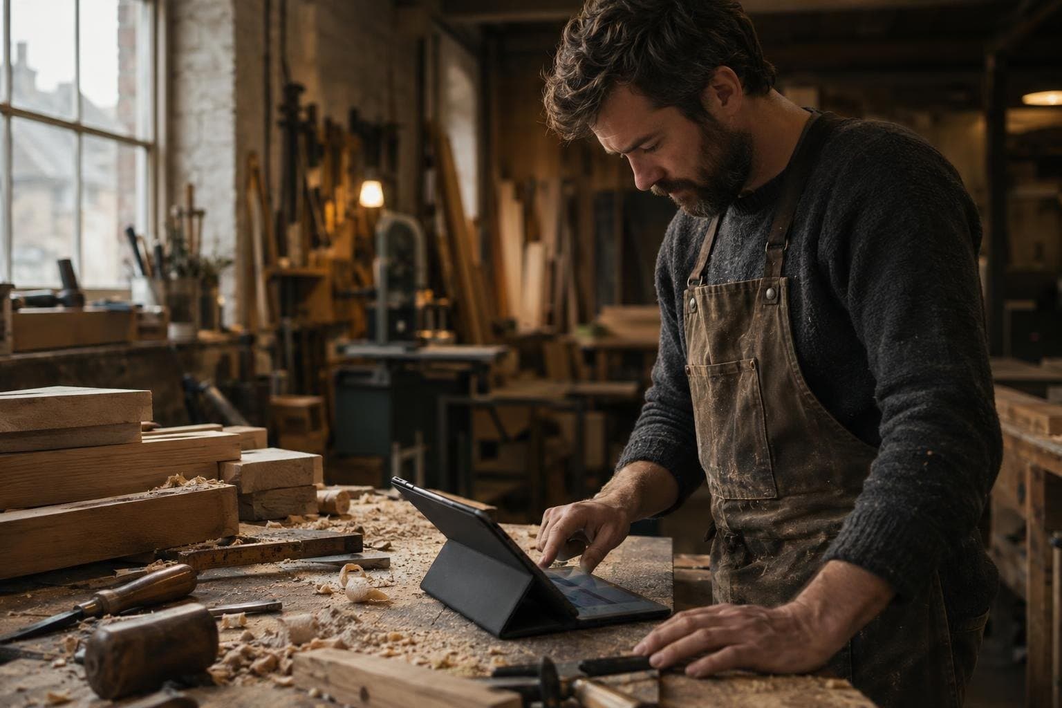 Joiner checking a tablet on his workbench among timber and tools